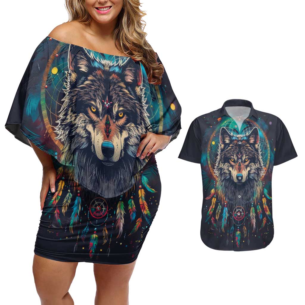 Native American Wolves Couples Matching Off Shoulder Short Dress and Hawaiian Shirt with Dream Catchers Feathers