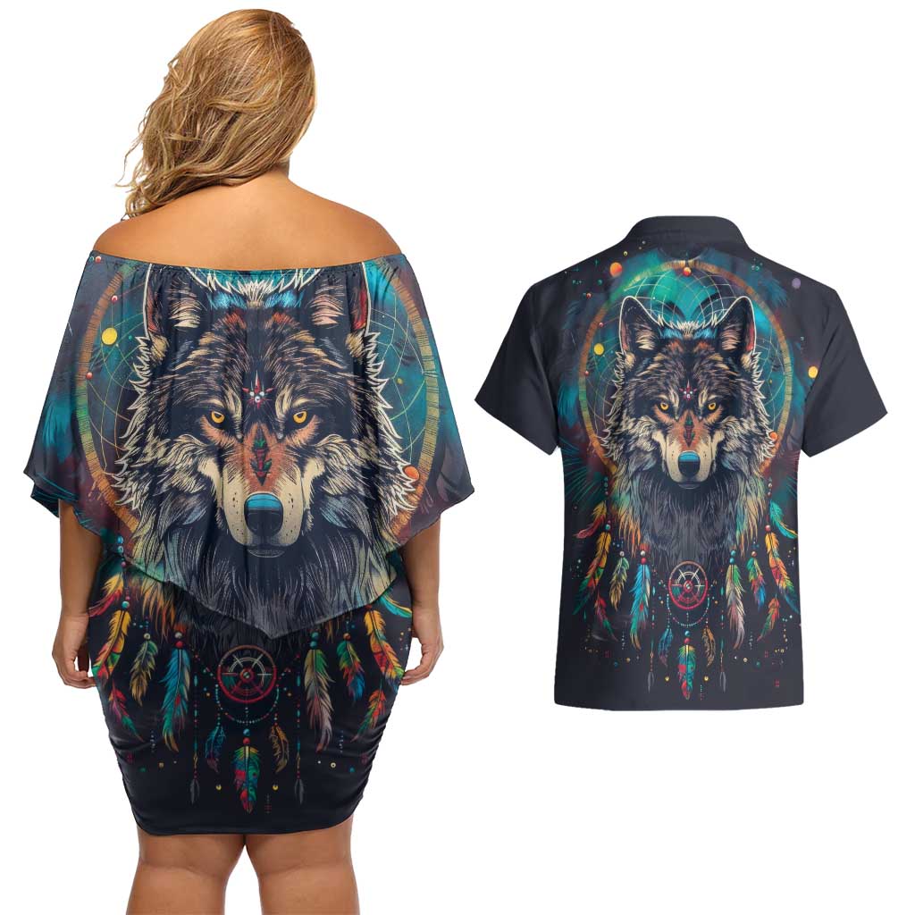 Native American Wolves Couples Matching Off Shoulder Short Dress and Hawaiian Shirt with Dream Catchers Feathers