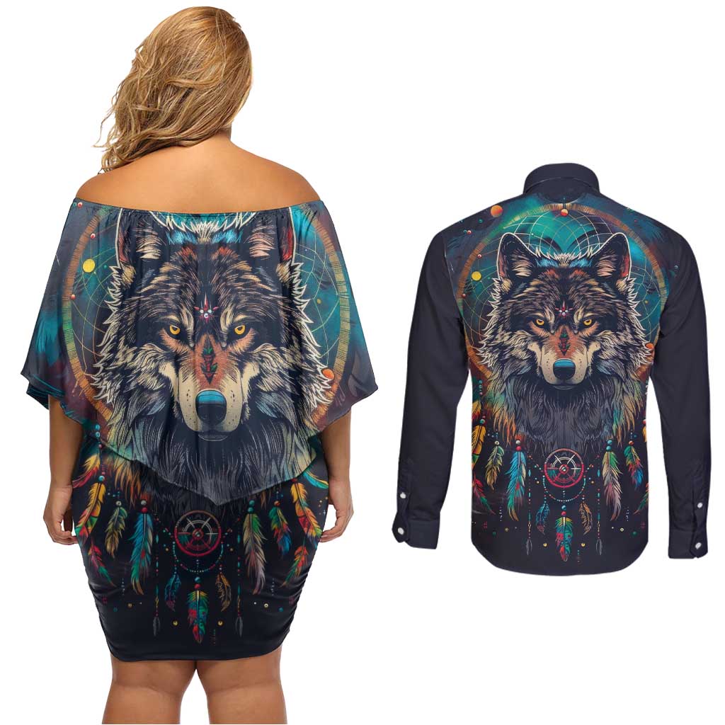 Native American Wolves Couples Matching Off Shoulder Short Dress and Long Sleeve Button Shirt with Dream Catchers Feathers