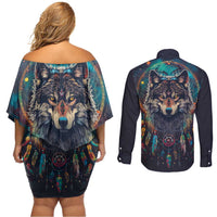 Native American Wolves Couples Matching Off Shoulder Short Dress and Long Sleeve Button Shirt with Dream Catchers Feathers