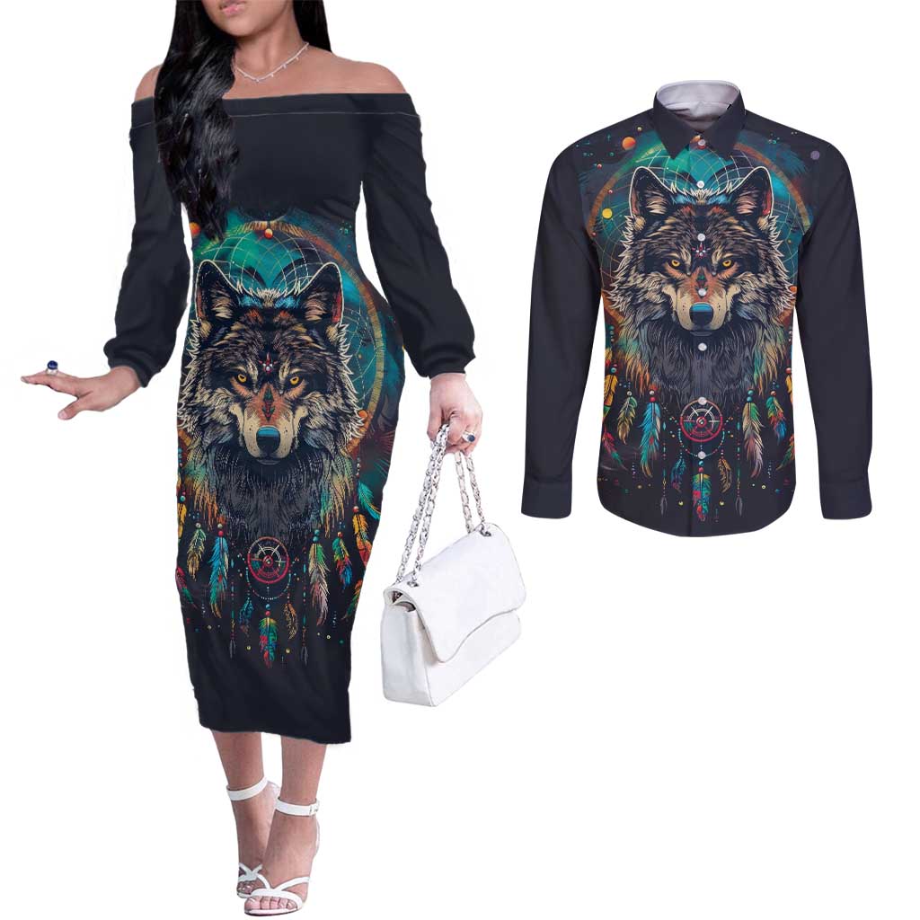 Native American Wolves Couples Matching Off The Shoulder Long Sleeve Dress and Long Sleeve Button Shirt with Dream Catchers Feathers