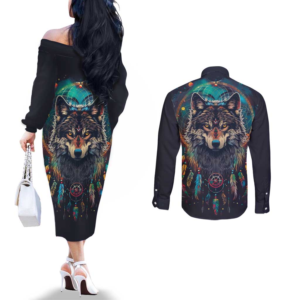 Native American Wolves Couples Matching Off The Shoulder Long Sleeve Dress and Long Sleeve Button Shirt with Dream Catchers Feathers