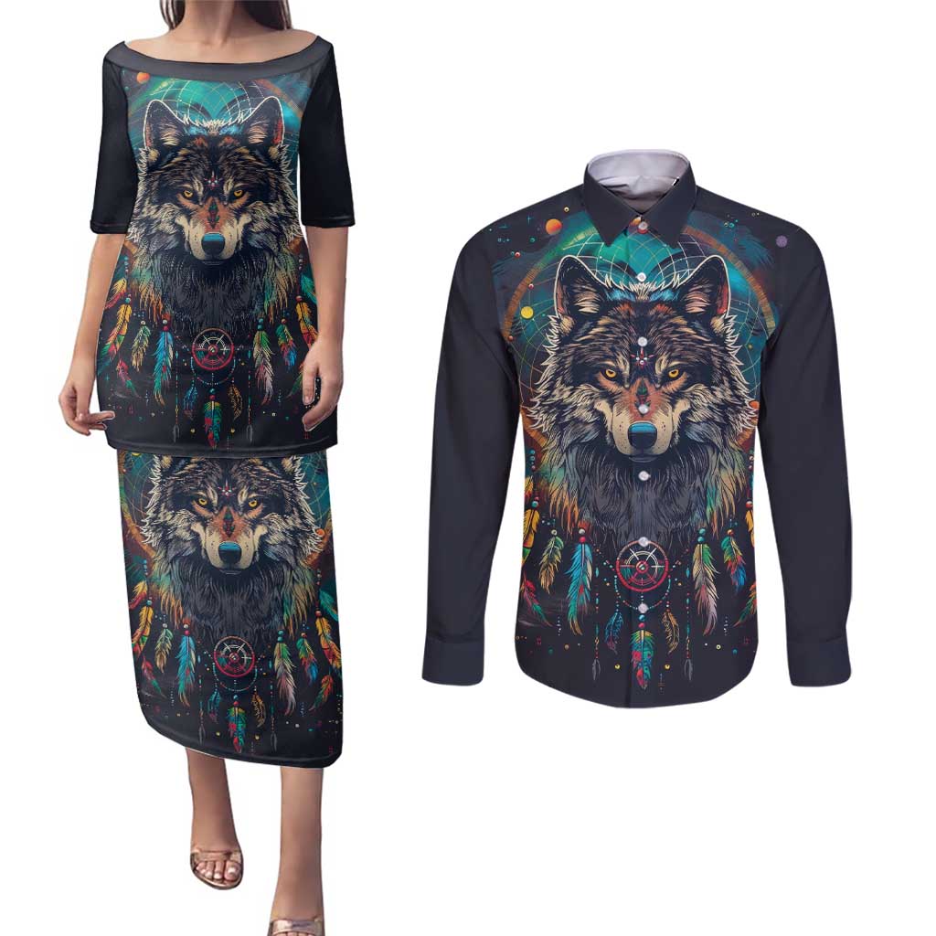 Native American Wolves Couples Matching Puletasi and Long Sleeve Button Shirt with Dream Catchers Feathers