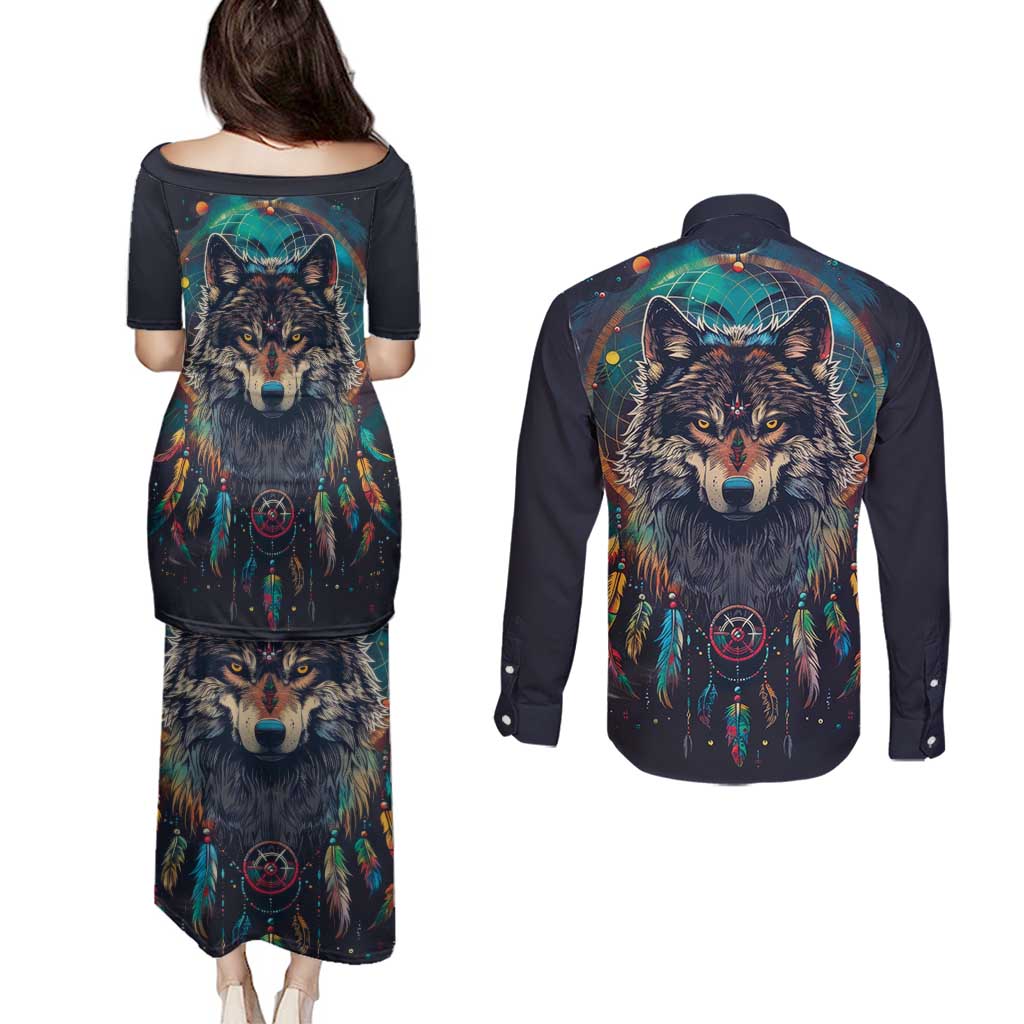 Native American Wolves Couples Matching Puletasi and Long Sleeve Button Shirt with Dream Catchers Feathers