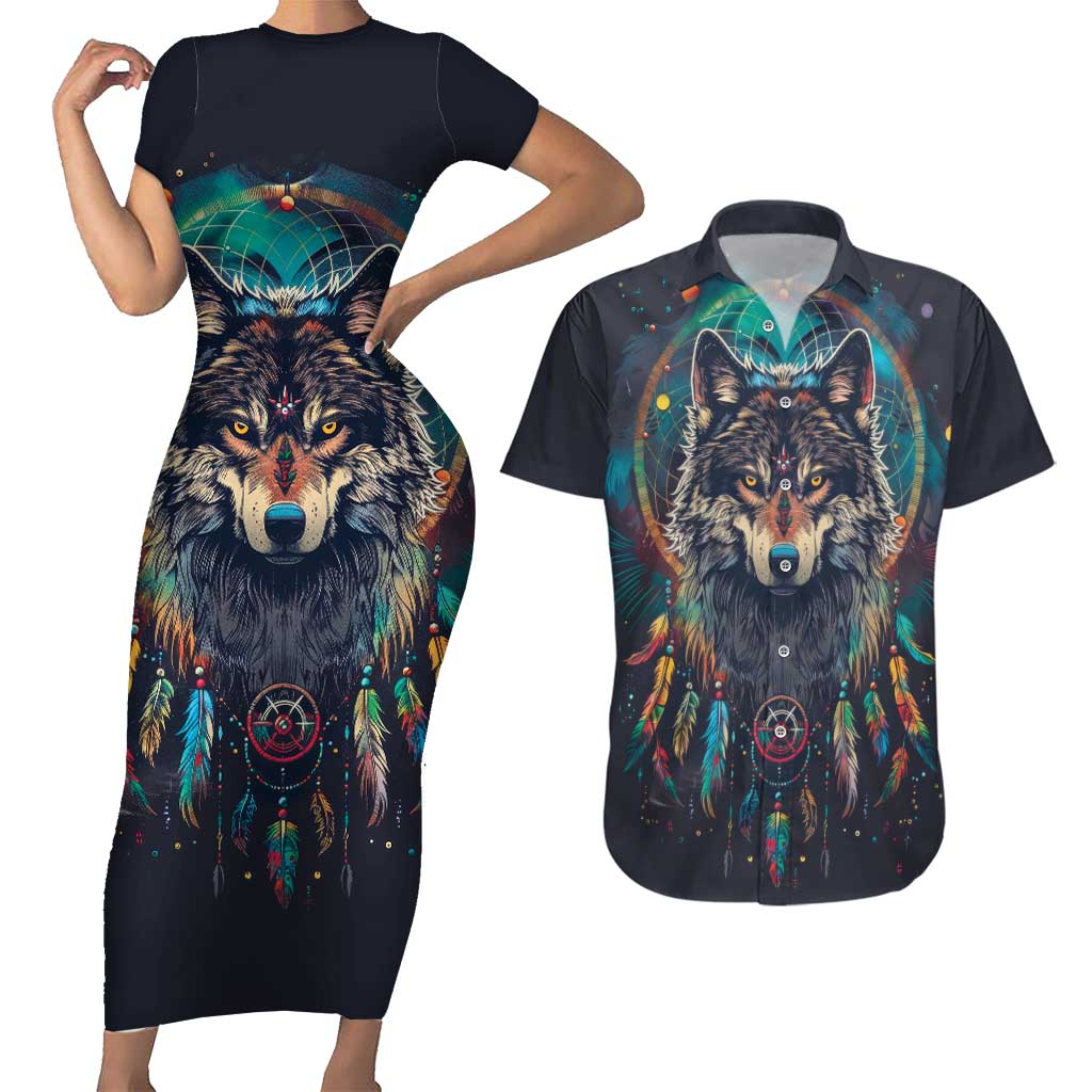 Native American Wolves Couples Matching Short Sleeve Bodycon Dress and Hawaiian Shirt with Dream Catchers Feathers