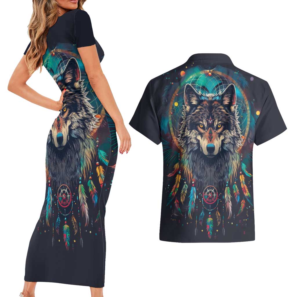 Native American Wolves Couples Matching Short Sleeve Bodycon Dress and Hawaiian Shirt with Dream Catchers Feathers