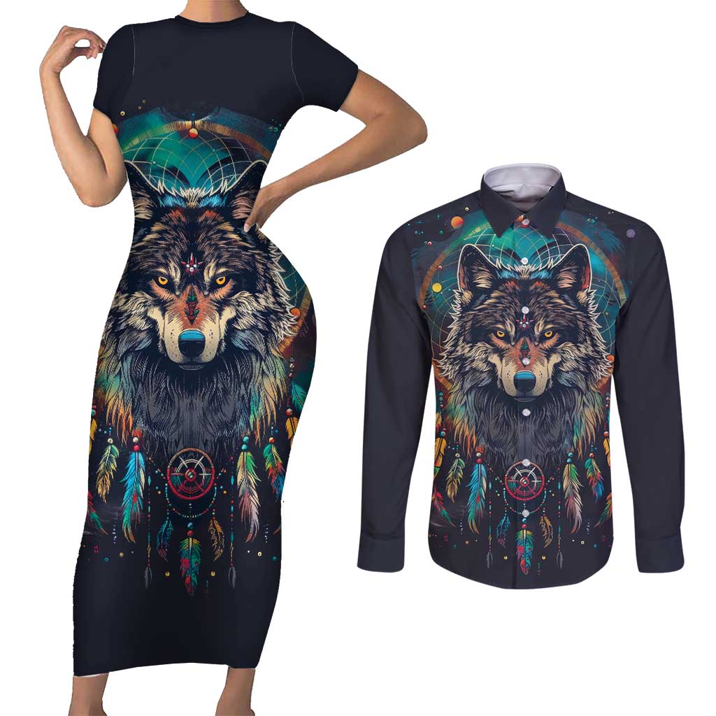 Native American Wolves Couples Matching Short Sleeve Bodycon Dress and Long Sleeve Button Shirt with Dream Catchers Feathers