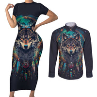 Native American Wolves Couples Matching Short Sleeve Bodycon Dress and Long Sleeve Button Shirt with Dream Catchers Feathers