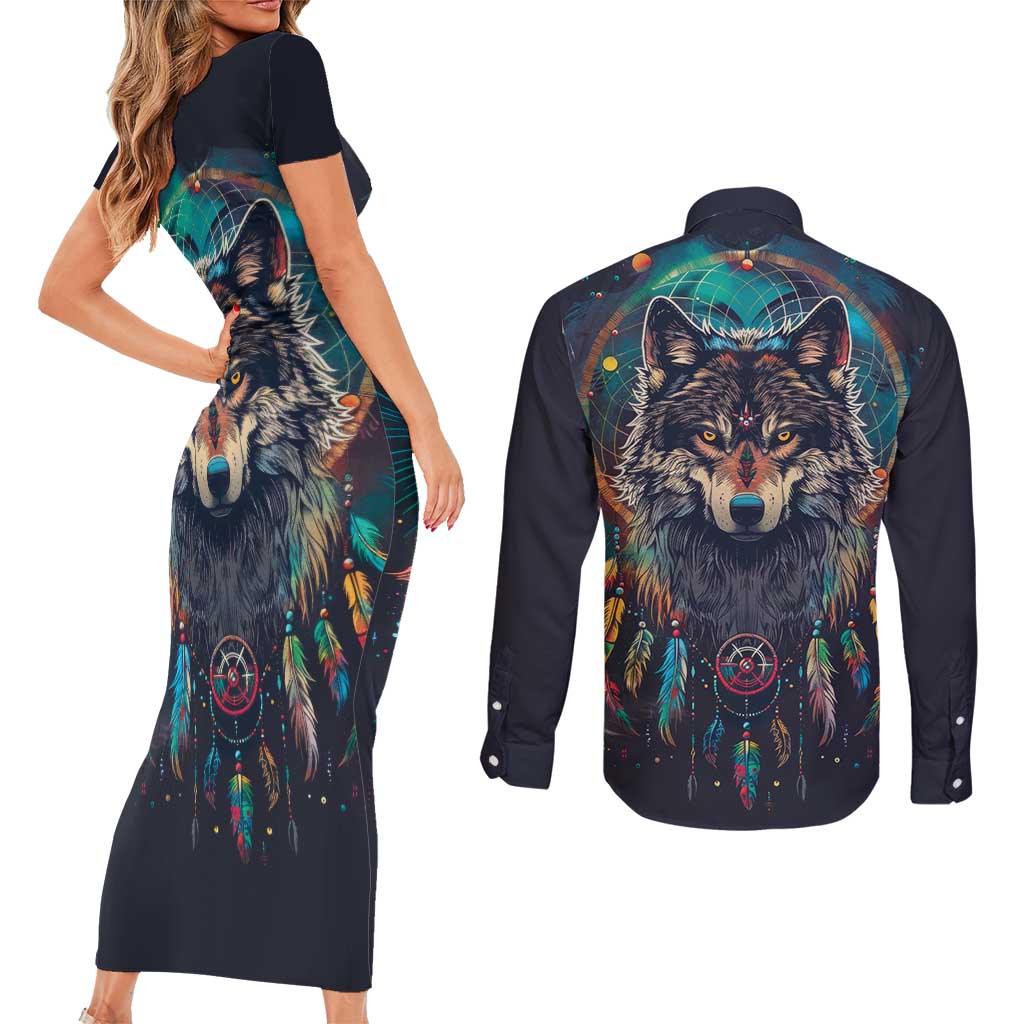 Native American Wolves Couples Matching Short Sleeve Bodycon Dress and Long Sleeve Button Shirt with Dream Catchers Feathers