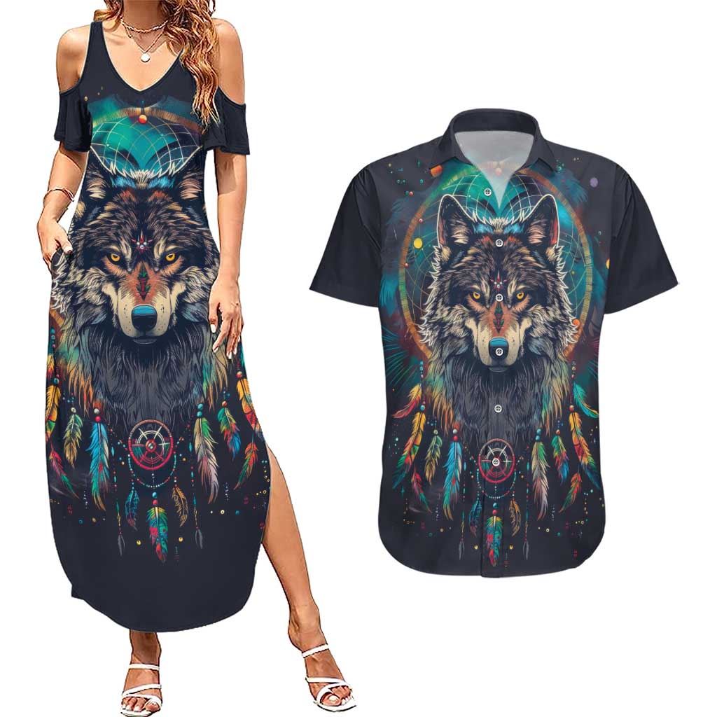 Native American Wolves Couples Matching Summer Maxi Dress and Hawaiian Shirt with Dream Catchers Feathers