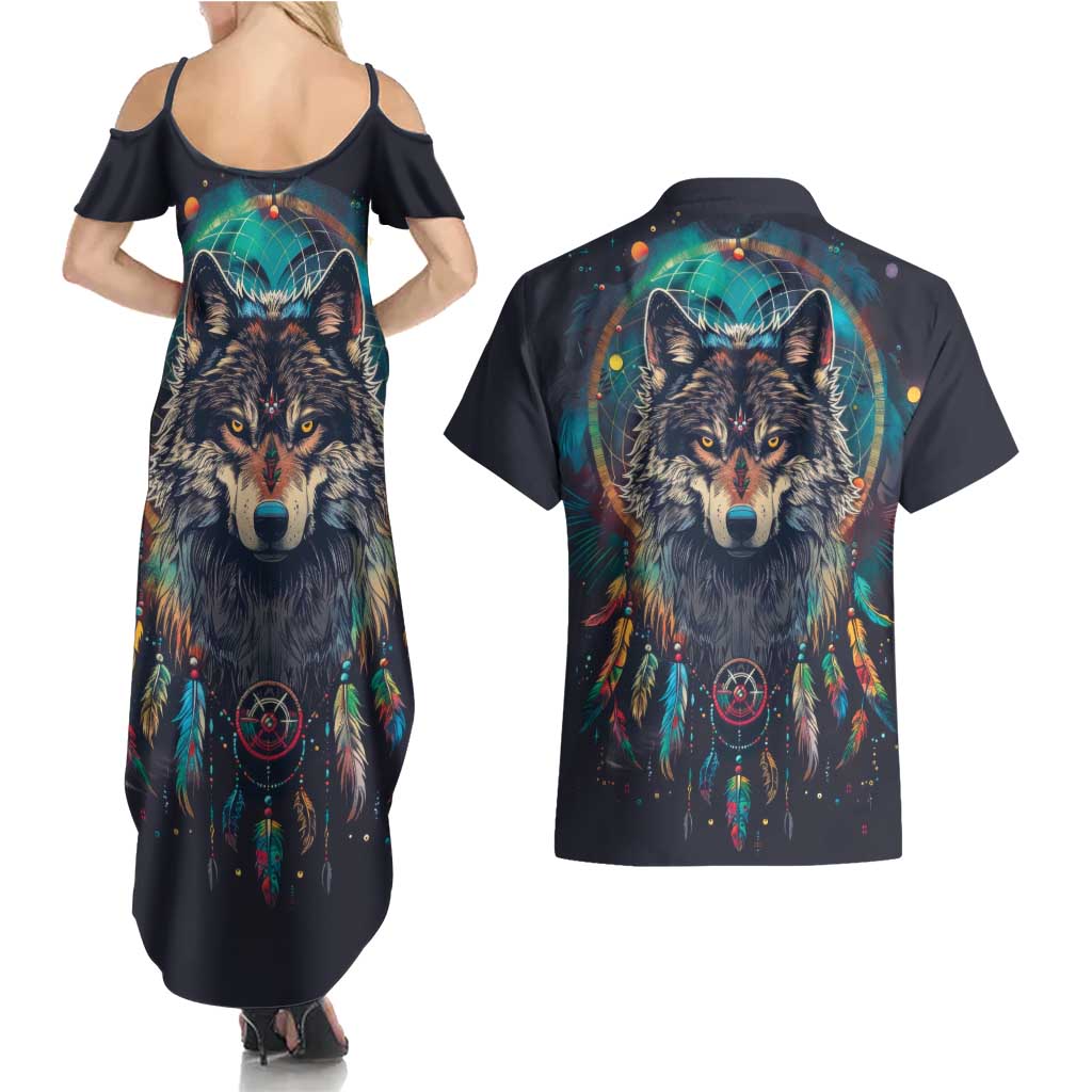 Native American Wolves Couples Matching Summer Maxi Dress and Hawaiian Shirt with Dream Catchers Feathers