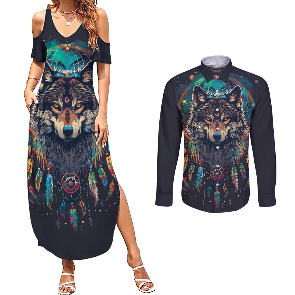 Native American Wolves Couples Matching Summer Maxi Dress and Long Sleeve Button Shirt with Dream Catchers Feathers