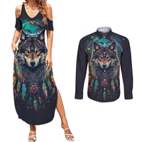 Native American Wolves Couples Matching Summer Maxi Dress and Long Sleeve Button Shirt with Dream Catchers Feathers