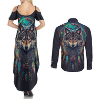Native American Wolves Couples Matching Summer Maxi Dress and Long Sleeve Button Shirt with Dream Catchers Feathers