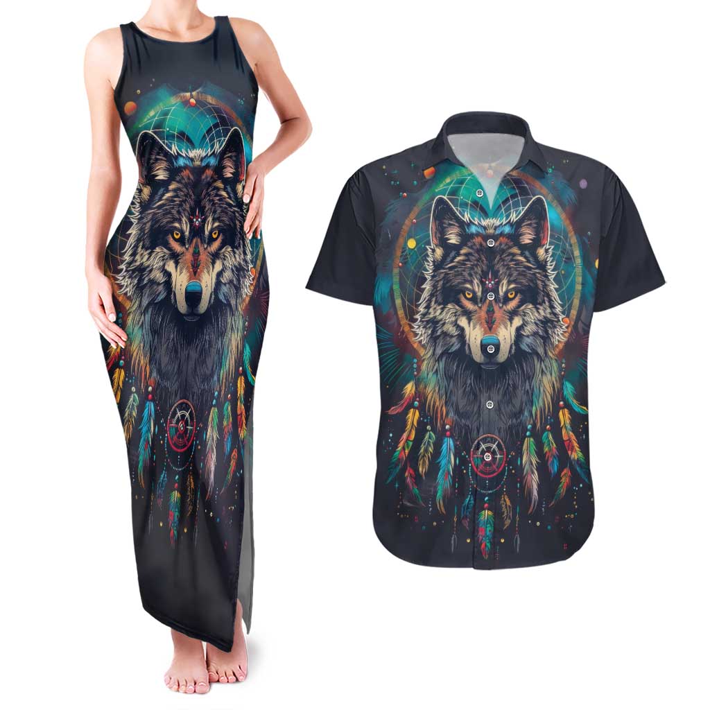 Native American Wolves Couples Matching Tank Maxi Dress and Hawaiian Shirt with Dream Catchers Feathers