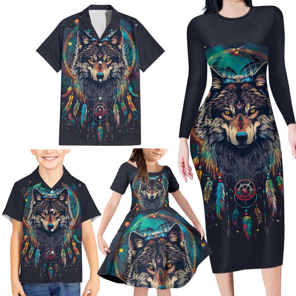 Native American Wolves Family Matching Long Sleeve Bodycon Dress and Hawaiian Shirt with Dream Catchers Feathers