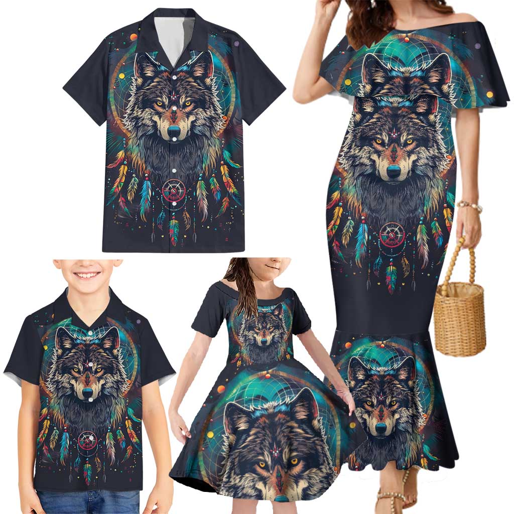 Native American Wolves Family Matching Mermaid Dress and Hawaiian Shirt with Dream Catchers Feathers