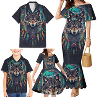 Native American Wolves Family Matching Mermaid Dress and Hawaiian Shirt with Dream Catchers Feathers