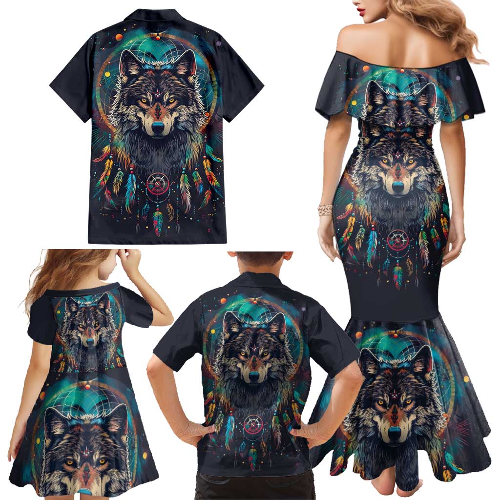 Native American Wolves Family Matching Mermaid Dress and Hawaiian Shirt with Dream Catchers Feathers