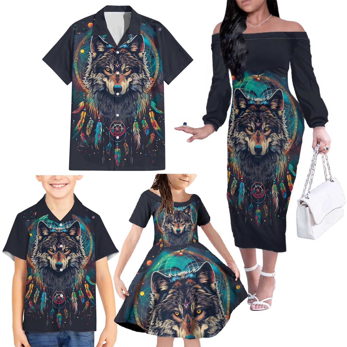 Native American Wolves Family Matching Off The Shoulder Long Sleeve Dress and Hawaiian Shirt with Dream Catchers Feathers