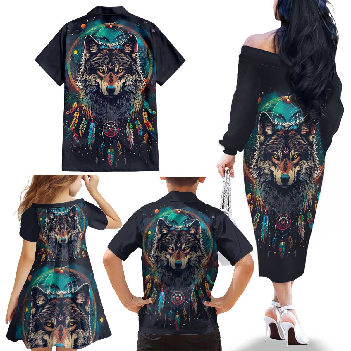 Native American Wolves Family Matching Off The Shoulder Long Sleeve Dress and Hawaiian Shirt with Dream Catchers Feathers