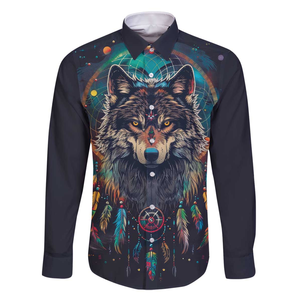 Native American Wolves Family Matching Off The Shoulder Long Sleeve Dress and Hawaiian Shirt with Dream Catchers Feathers