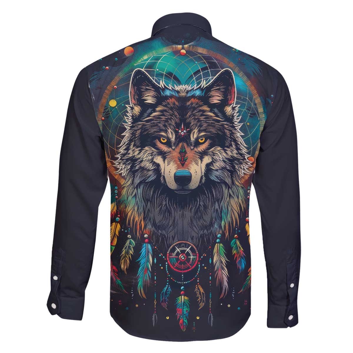 Native American Wolves Family Matching Off The Shoulder Long Sleeve Dress and Hawaiian Shirt with Dream Catchers Feathers