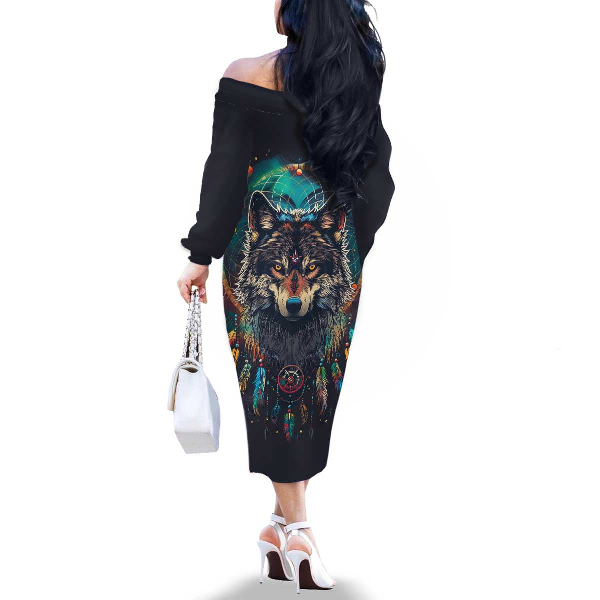 Native American Wolves Family Matching Off The Shoulder Long Sleeve Dress and Hawaiian Shirt with Dream Catchers Feathers
