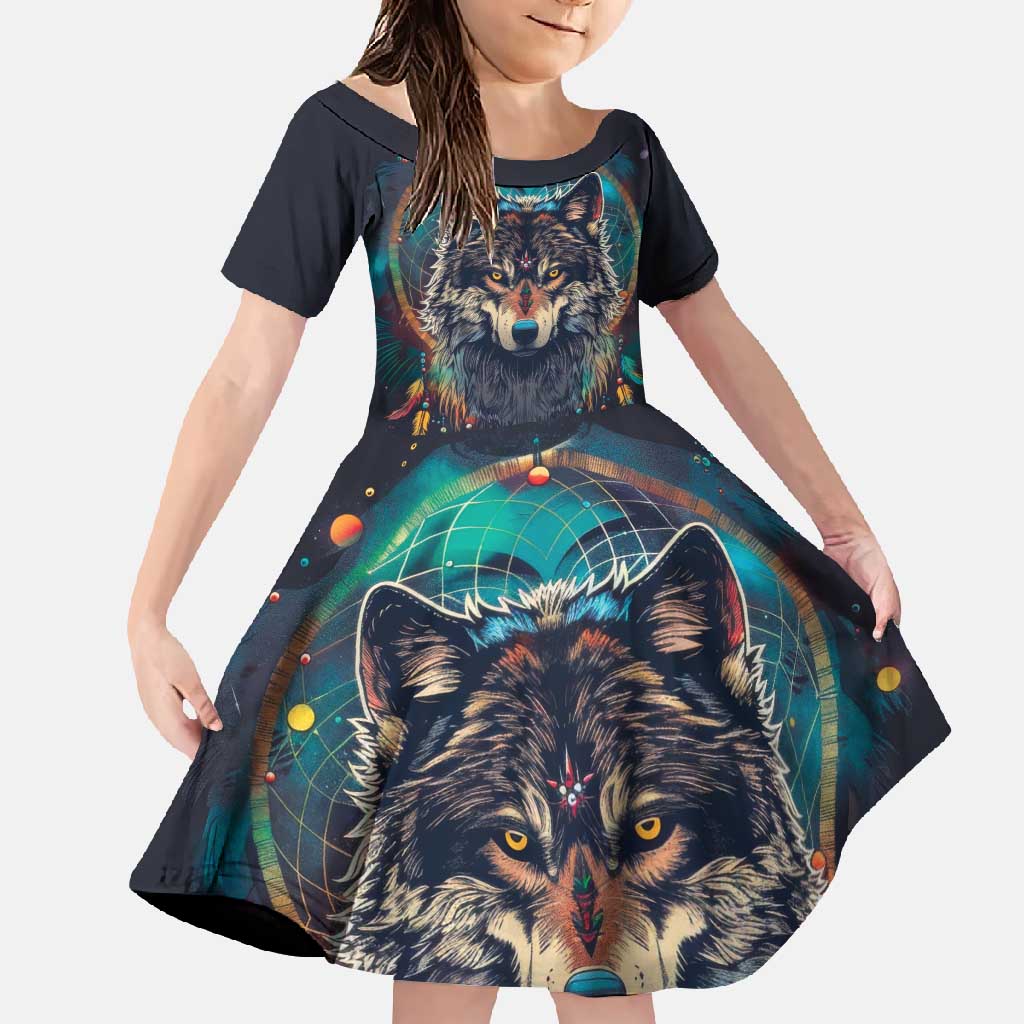 Native American Wolves Family Matching Off Shoulder Maxi Dress and Hawaiian Shirt with Dream Catchers Feathers