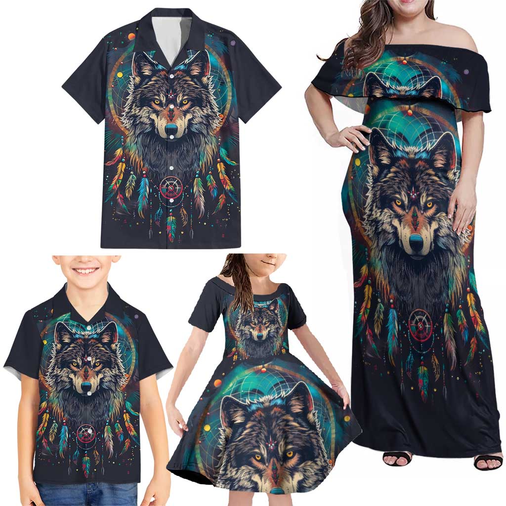 Native American Wolves Family Matching Off Shoulder Maxi Dress and Hawaiian Shirt with Dream Catchers Feathers