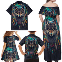 Native American Wolves Family Matching Off Shoulder Maxi Dress and Hawaiian Shirt with Dream Catchers Feathers