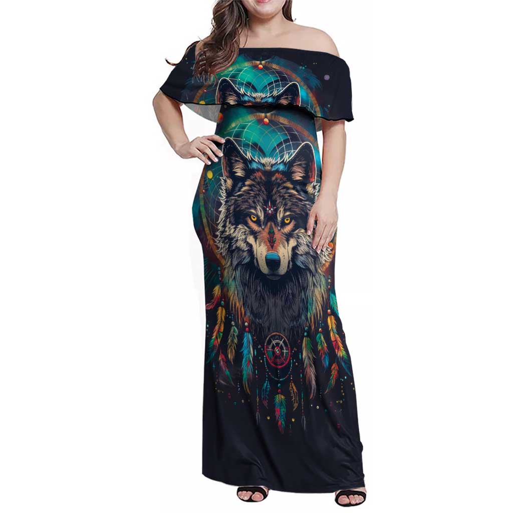 Native American Wolves Family Matching Off Shoulder Maxi Dress and Hawaiian Shirt with Dream Catchers Feathers