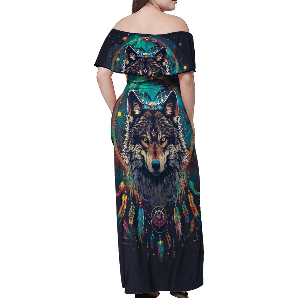Native American Wolves Family Matching Off Shoulder Maxi Dress and Hawaiian Shirt with Dream Catchers Feathers