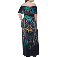 Native American Wolves Family Matching Off Shoulder Maxi Dress and Hawaiian Shirt with Dream Catchers Feathers