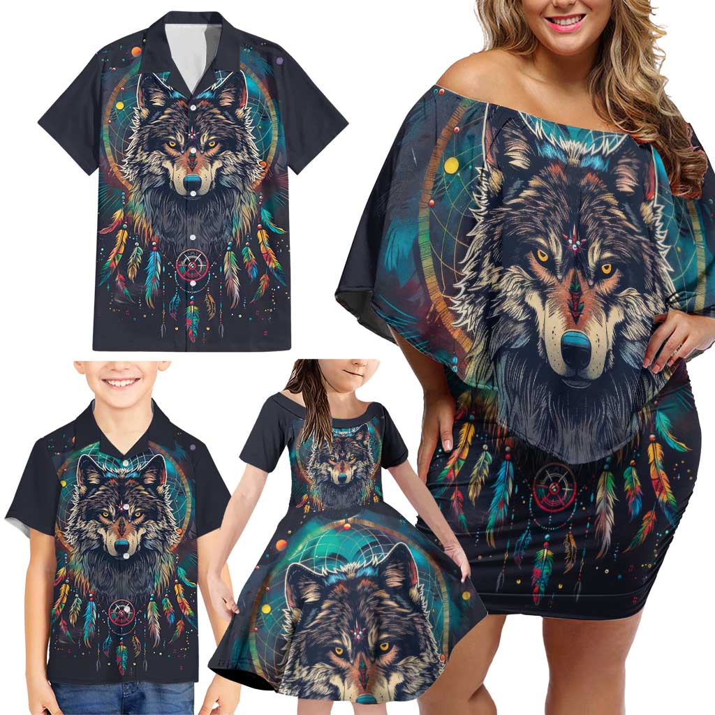Native American Wolves Family Matching Off Shoulder Short Dress and Hawaiian Shirt with Dream Catchers Feathers