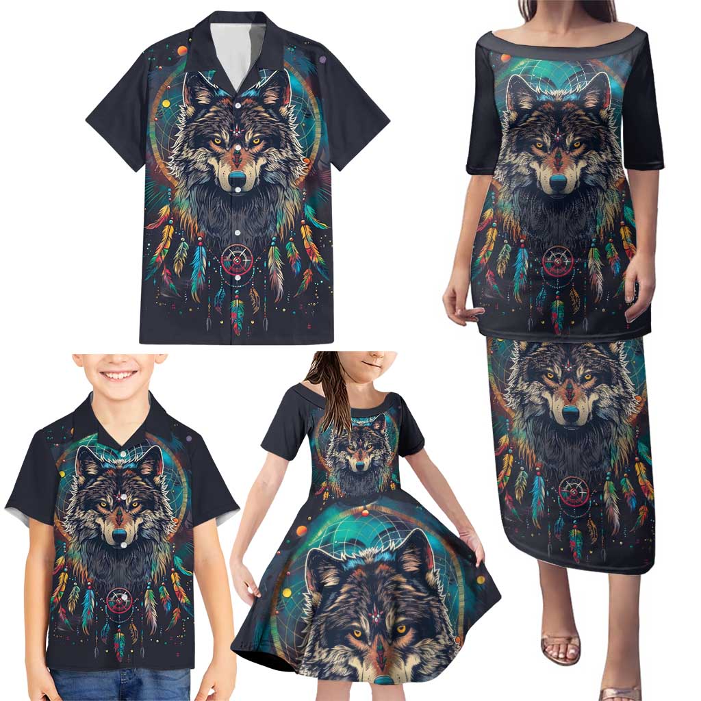 Native American Wolves Family Matching Puletasi and Hawaiian Shirt with Dream Catchers Feathers