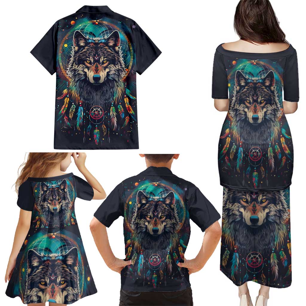 Native American Wolves Family Matching Puletasi and Hawaiian Shirt with Dream Catchers Feathers