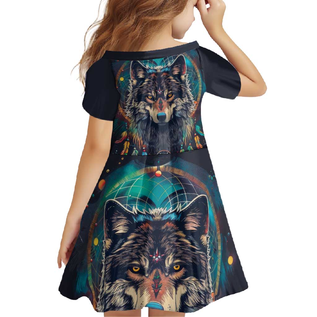 Native American Wolves Family Matching Short Sleeve Bodycon Dress and Hawaiian Shirt with Dream Catchers Feathers