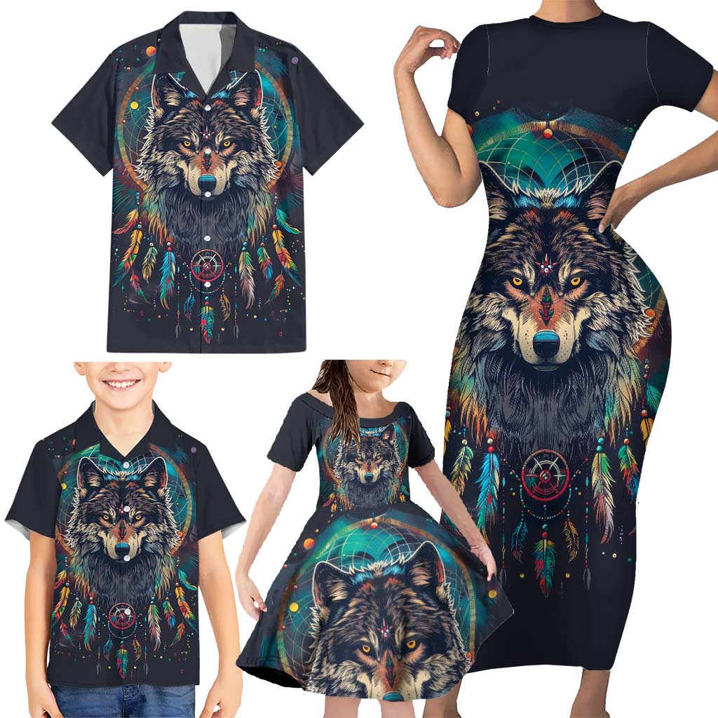 Native American Wolves Family Matching Short Sleeve Bodycon Dress and Hawaiian Shirt with Dream Catchers Feathers