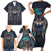 Native American Wolves Family Matching Short Sleeve Bodycon Dress and Hawaiian Shirt with Dream Catchers Feathers