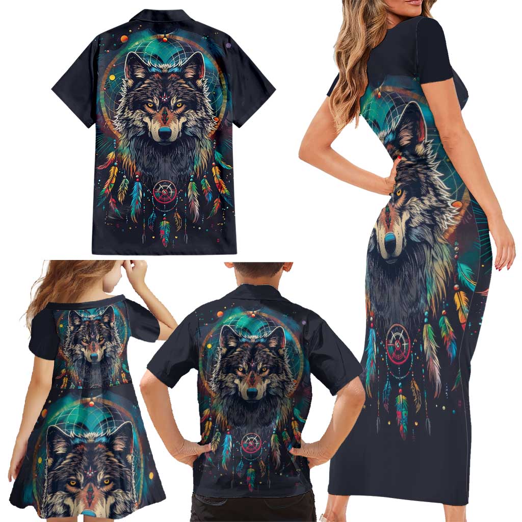 Native American Wolves Family Matching Short Sleeve Bodycon Dress and Hawaiian Shirt with Dream Catchers Feathers