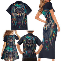 Native American Wolves Family Matching Short Sleeve Bodycon Dress and Hawaiian Shirt with Dream Catchers Feathers