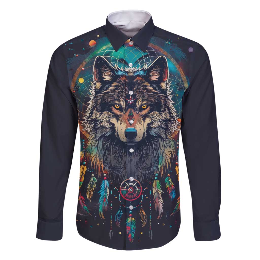 Native American Wolves Family Matching Short Sleeve Bodycon Dress and Hawaiian Shirt with Dream Catchers Feathers