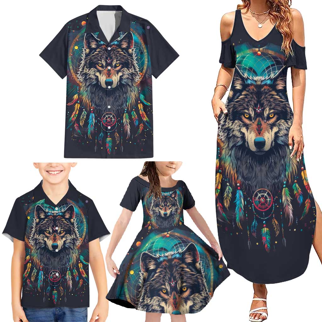 Native American Wolves Family Matching Summer Maxi Dress and Hawaiian Shirt with Dream Catchers Feathers