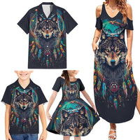 Native American Wolves Family Matching Summer Maxi Dress and Hawaiian Shirt with Dream Catchers Feathers