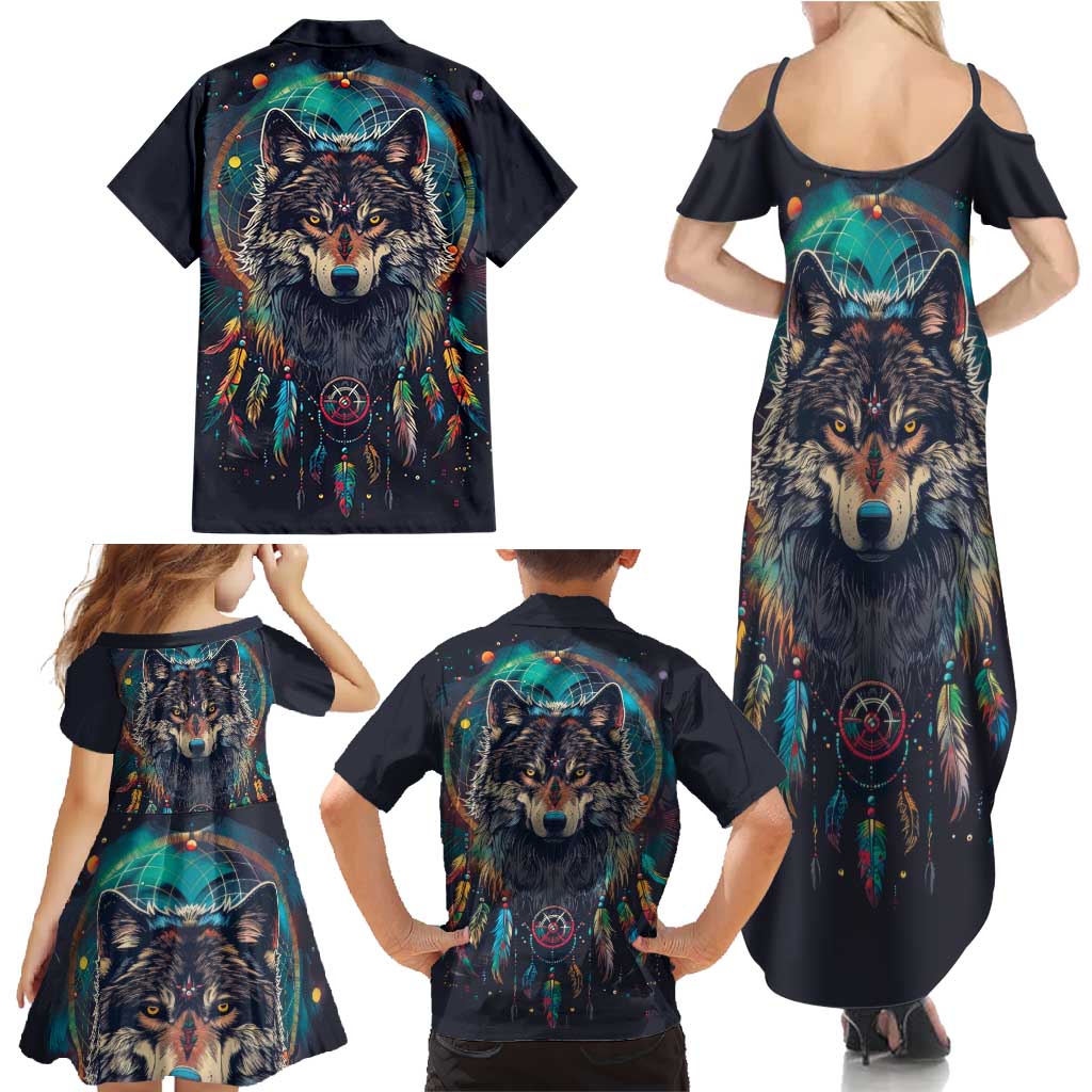 Native American Wolves Family Matching Summer Maxi Dress and Hawaiian Shirt with Dream Catchers Feathers