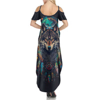 Native American Wolves Family Matching Summer Maxi Dress and Hawaiian Shirt with Dream Catchers Feathers