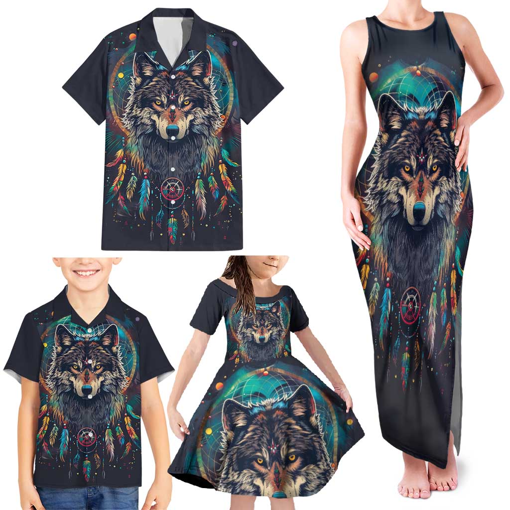 Native American Wolves Family Matching Tank Maxi Dress and Hawaiian Shirt with Dream Catchers Feathers