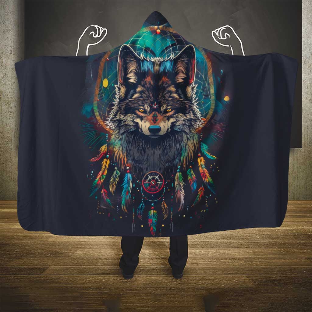Native American Wolves Hooded Blanket with Dream Catchers Feathers