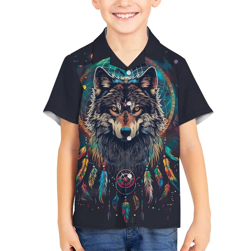 Native American Wolves Kid Hawaiian Shirt with Dream Catchers Feathers
